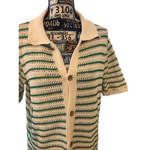 Vintage Style Green Cream Button Down Short Sleeve NERD Collared Sweater Sz XXL - Picture 4 of 16
